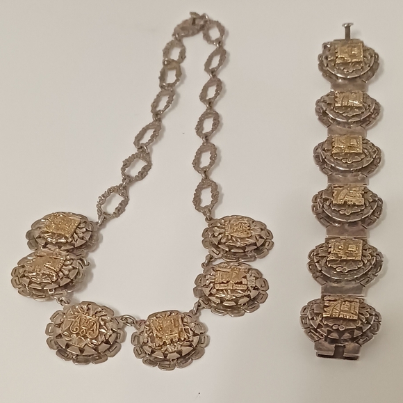 Vintage 18 K Gold / Sterling Silver 925 Mask Necklace And Bracelet Set - Picture 1 of 6